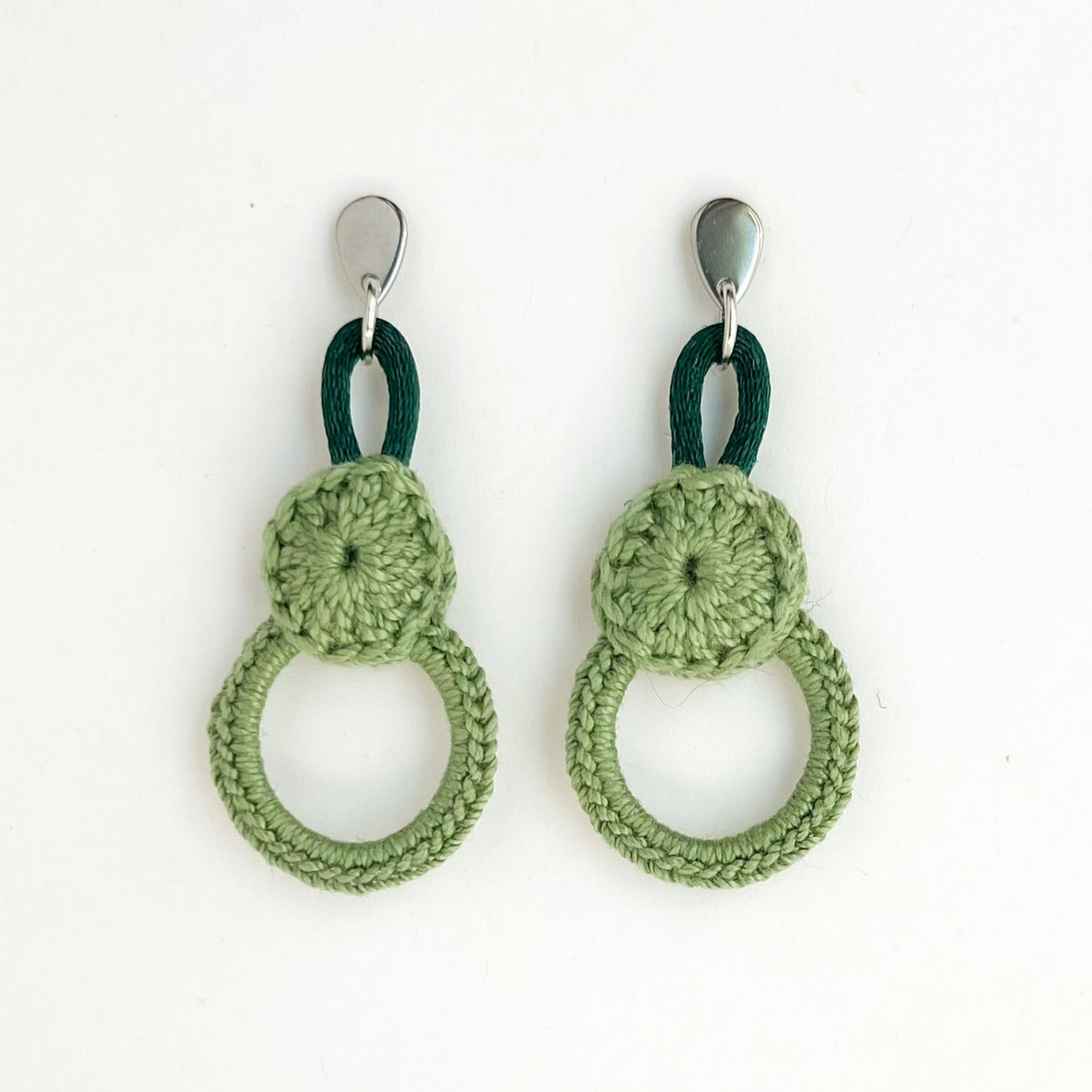 Green Moss crochet earrings with dark accent loops, artisan made