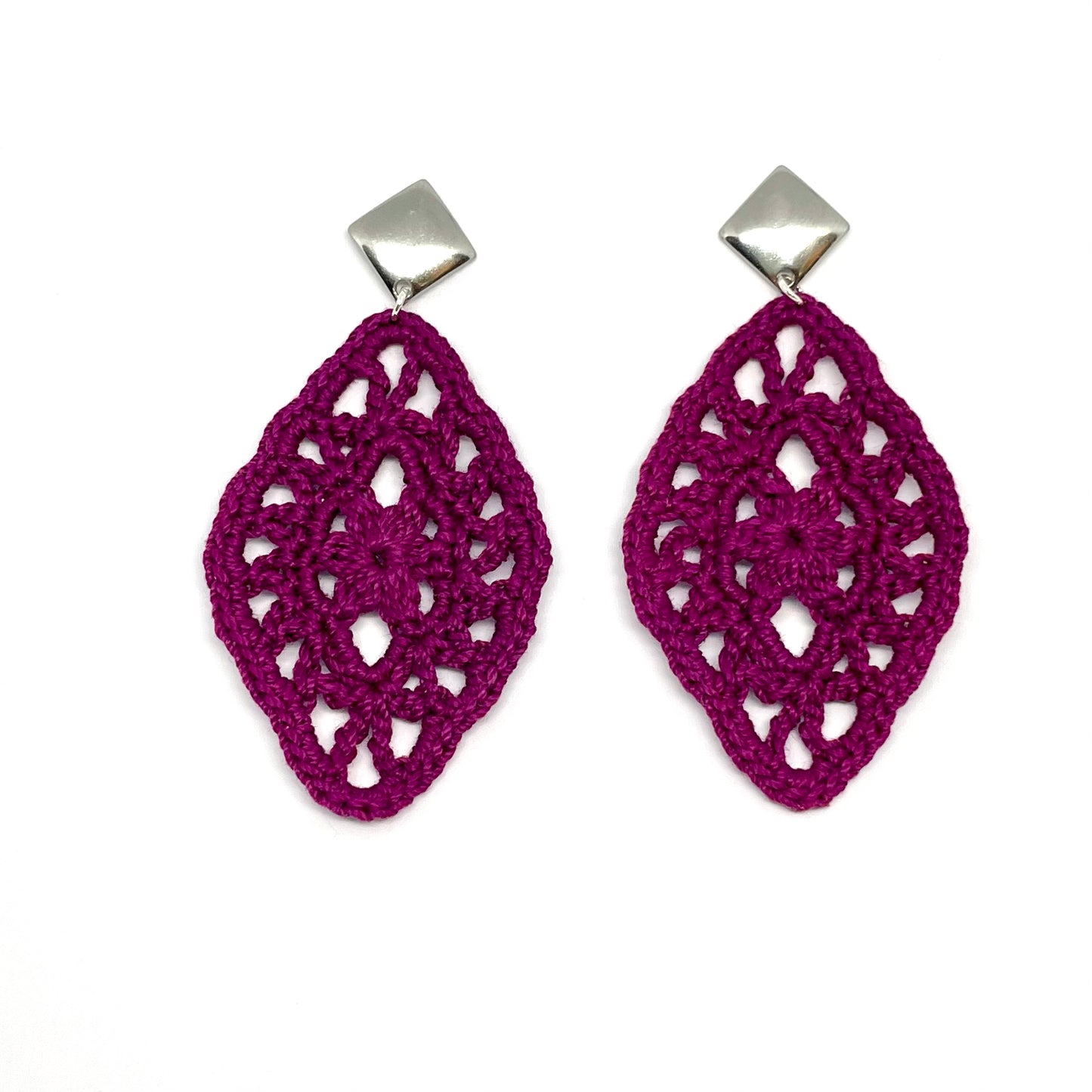 Handmade boysenberry color crochet lace earrings with silver accents, adding a touch of elegance to any outfit. Square Post Earrings.