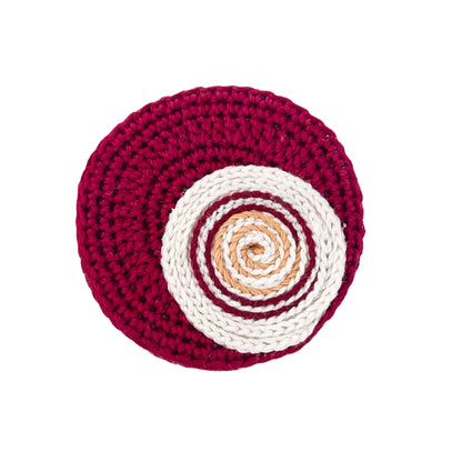Handmade crochet Spiralis Pin in burgundy with burgundy, ivory and gold spiral detail, front view on white background.