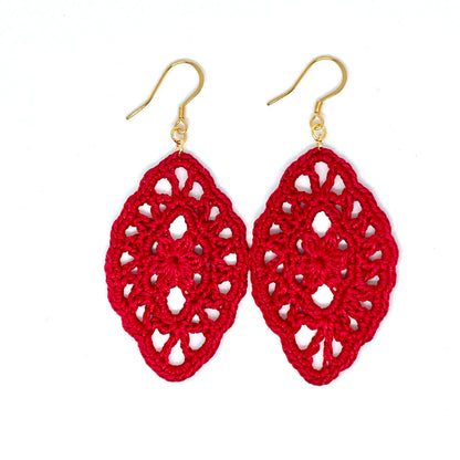 Elegant red crochet lace earrings with gold finished french hook ear wire.