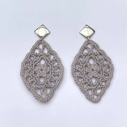 Handmade coin color crochet lace earrings with silver accents, adding a touch of elegance to any outfit.  Square Post Earrings.