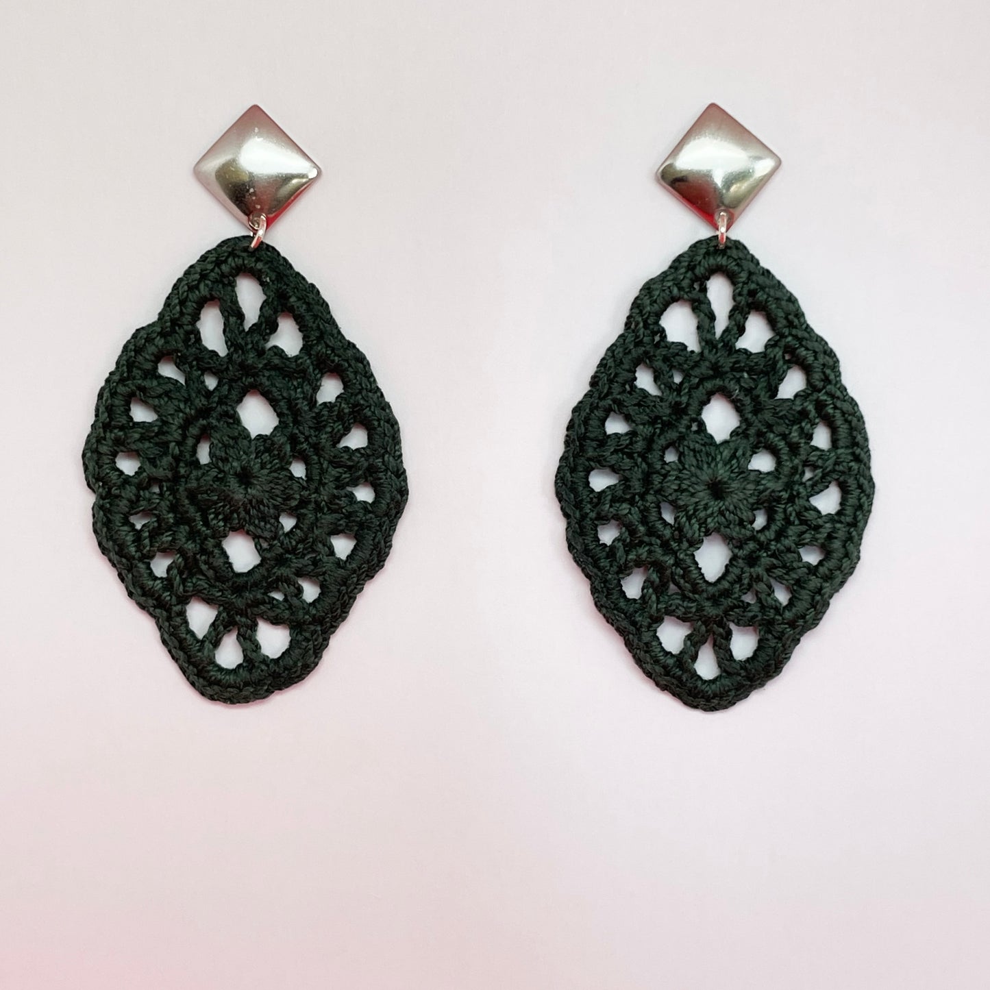 Handmade green color crochet lace earrings with silver accents, adding a touch of elegance to any outfit.  Square Post Earrings.