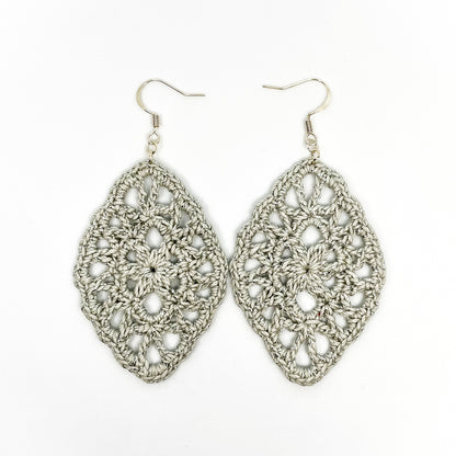 Handmade silver color crochet lace earrings with silver accents, adding a touch of elegance to any outfit. French hook ear wire.